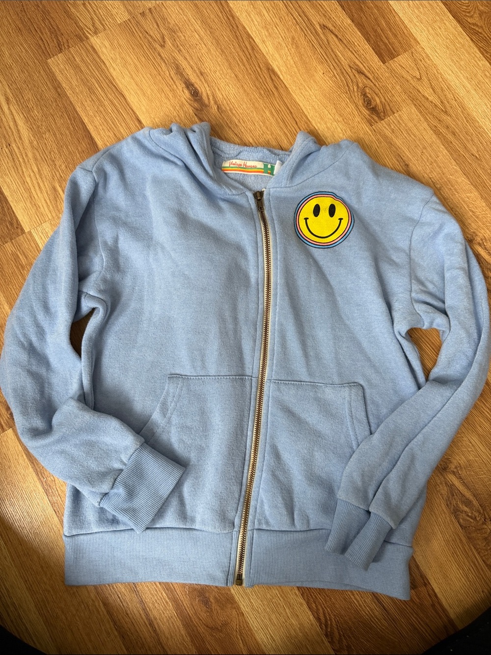 Vintage Havana Light Blue Zip Hoodie with Yellow Smiley Patch kids xl